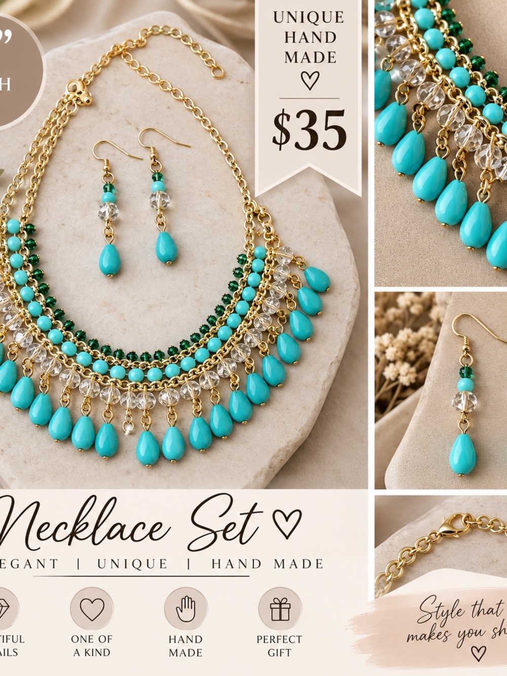 Handmade Turquoise & Gold Statement Necklace Set - Women's Jewelry